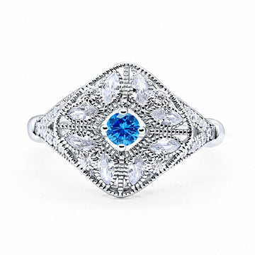 Art Deco Ring Marquise Filigree Simulated Blue Topaz CZ 925 Sterling Silver